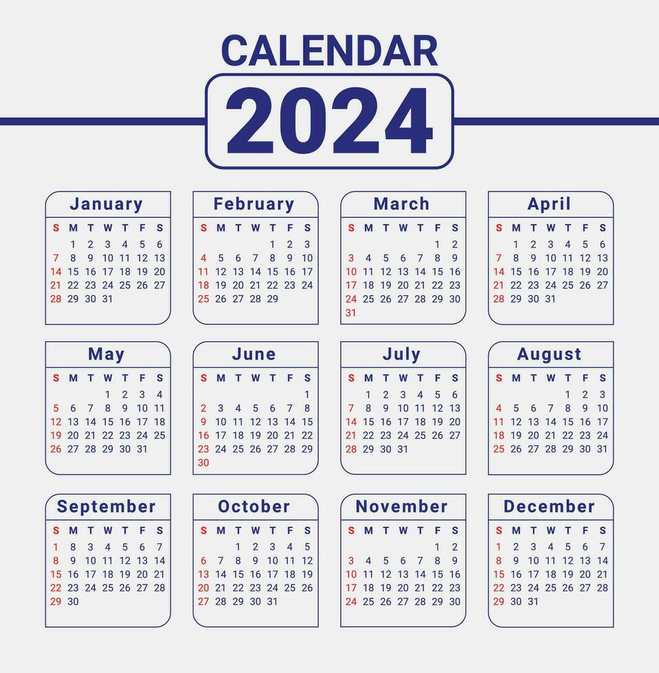 2024 calendar template design week start with Sunday Blue Calendar Sunday red mark vector