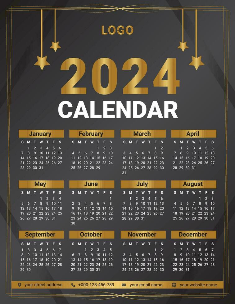 luxury Gold 2024 calendar design template vector start week on sunday and gradient color gold and black