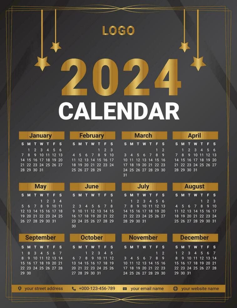 lujo oro 2024 calendario diseño modelo vector comienzo semana en domingo y degradado color oro y negro