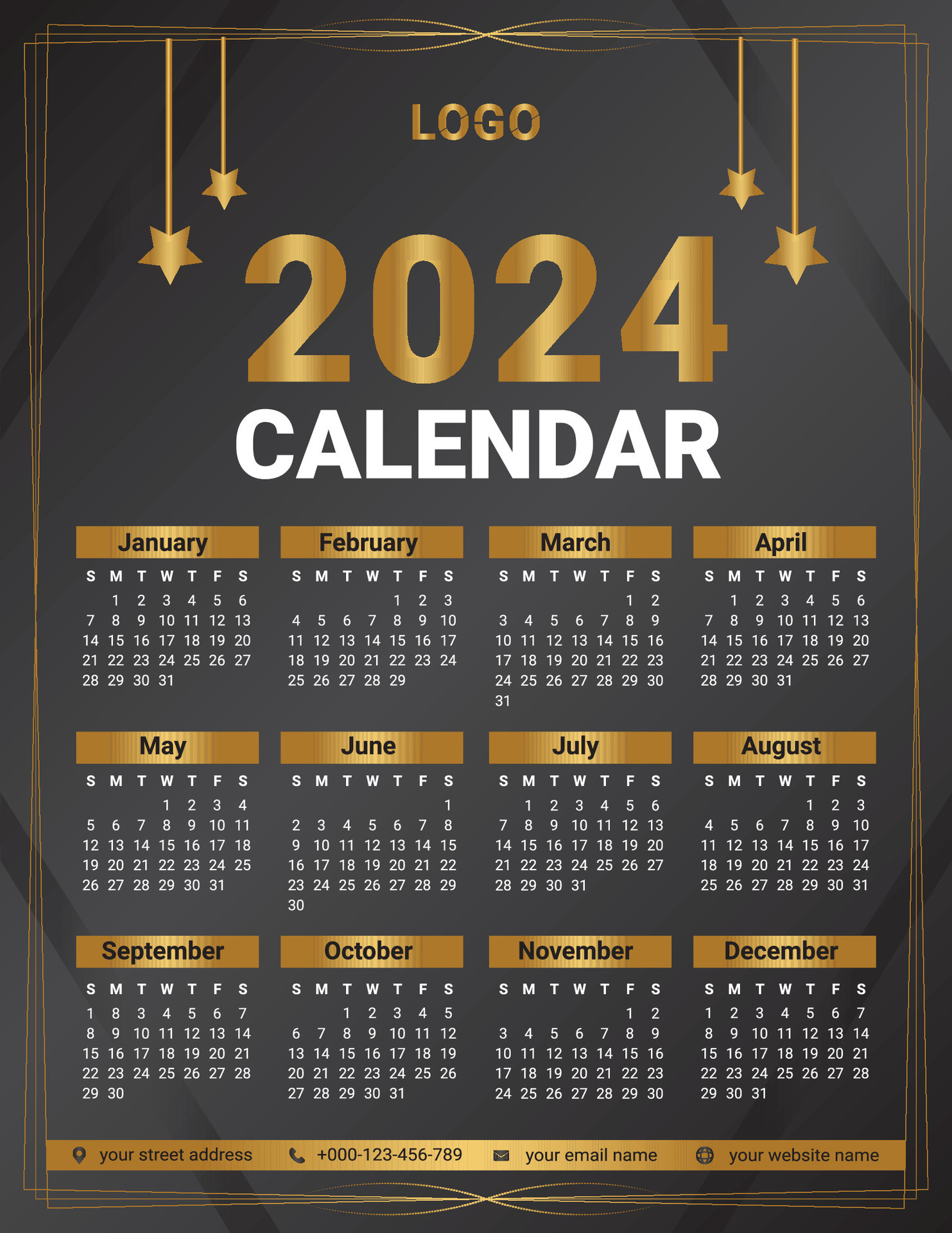 luxury Gold 2024 calendar design template vector start week on sunday