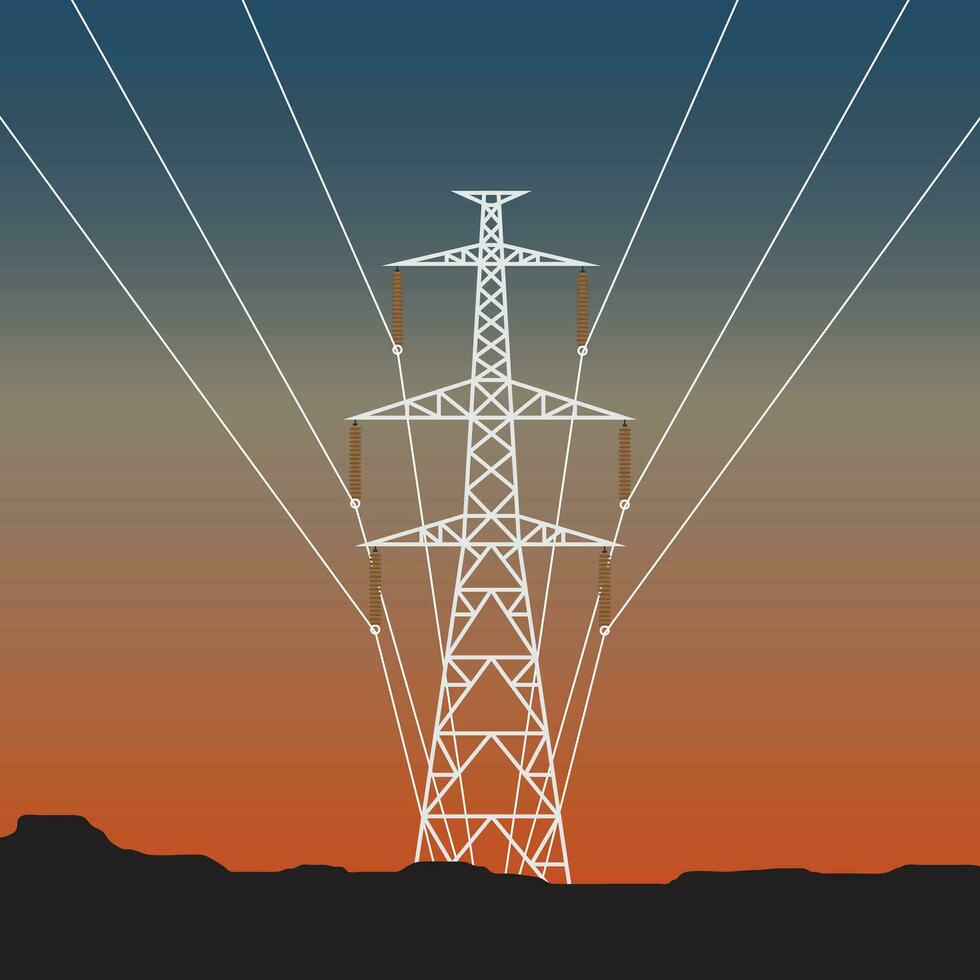 High voltage tower with evening light atmospheric background - vector illustration.