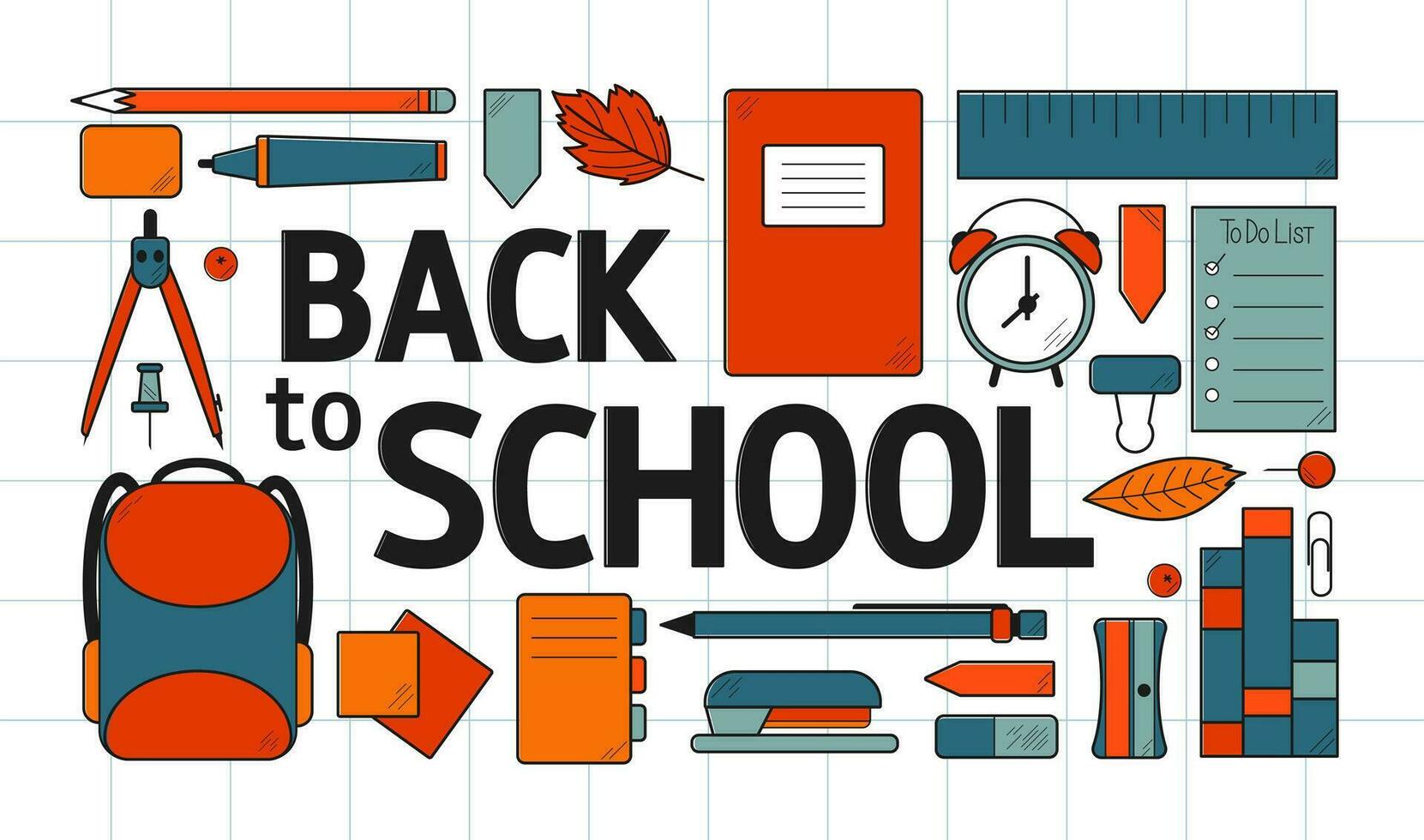 Set of school items. Back to school inscription. Vector flat illustration in hand drawn style.
