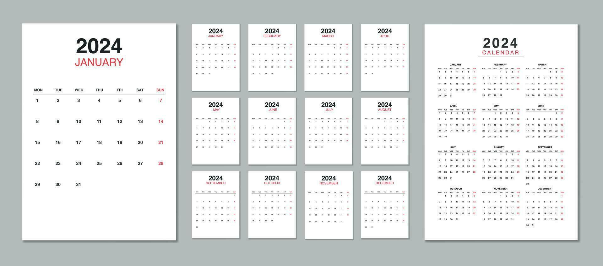 Calendar 2024 week start Monday. Editable 2024 calendar design template for happy new year. vector