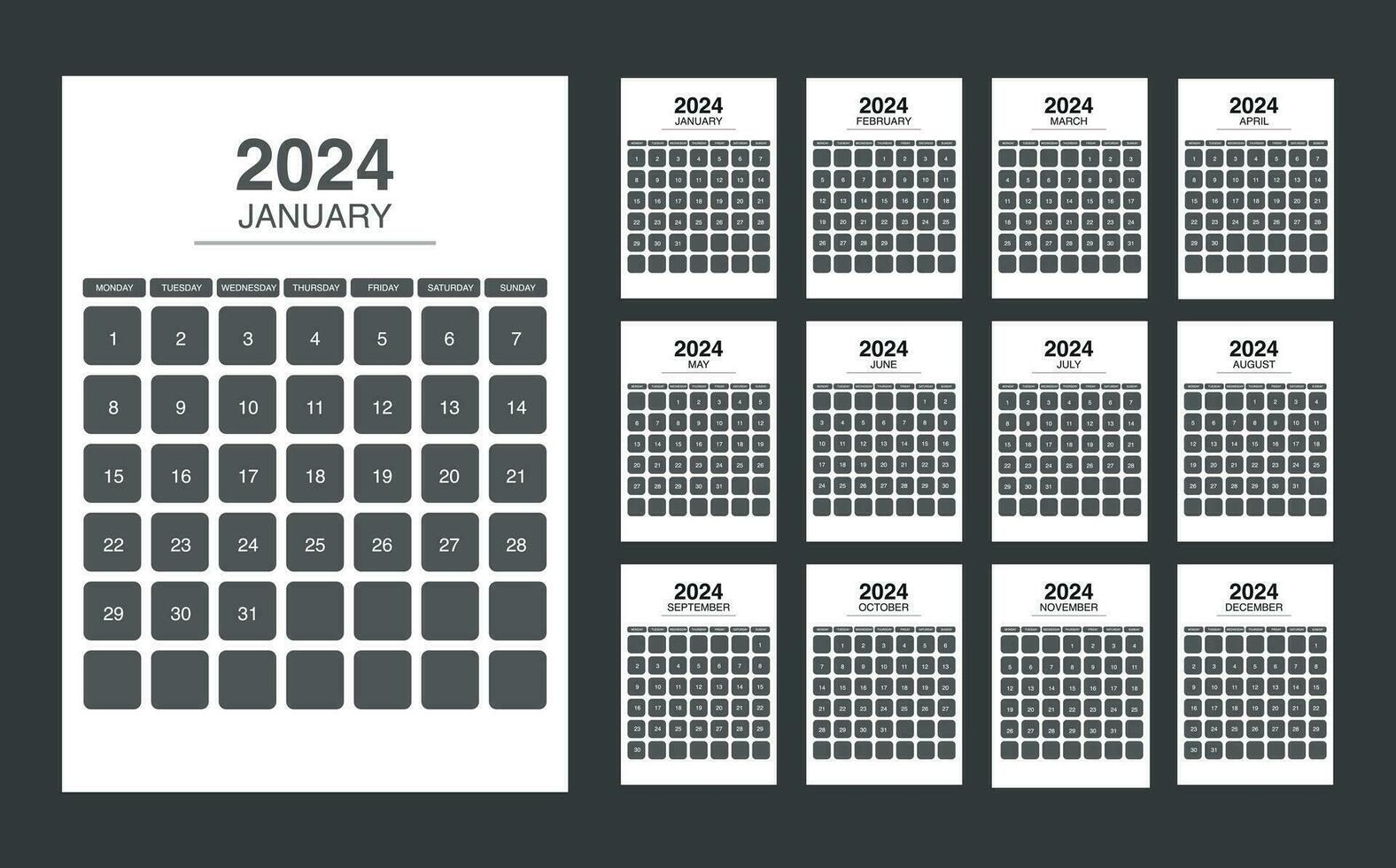 calendario 2024 semana comienzo lunes. editable 2024 calendario diseño modelo para contento nuevo año vector