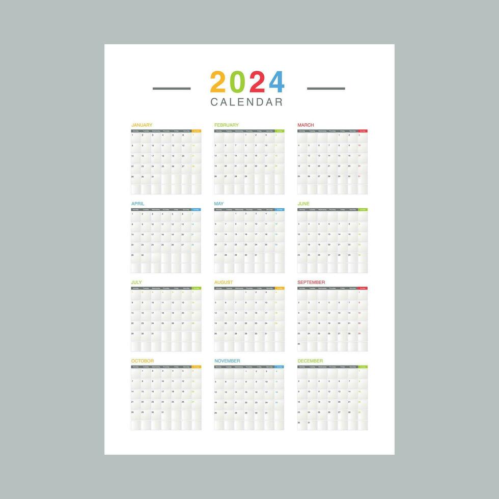 Calendar 2024 design template. 2024 paper calendar layout in printable style. vector illustration