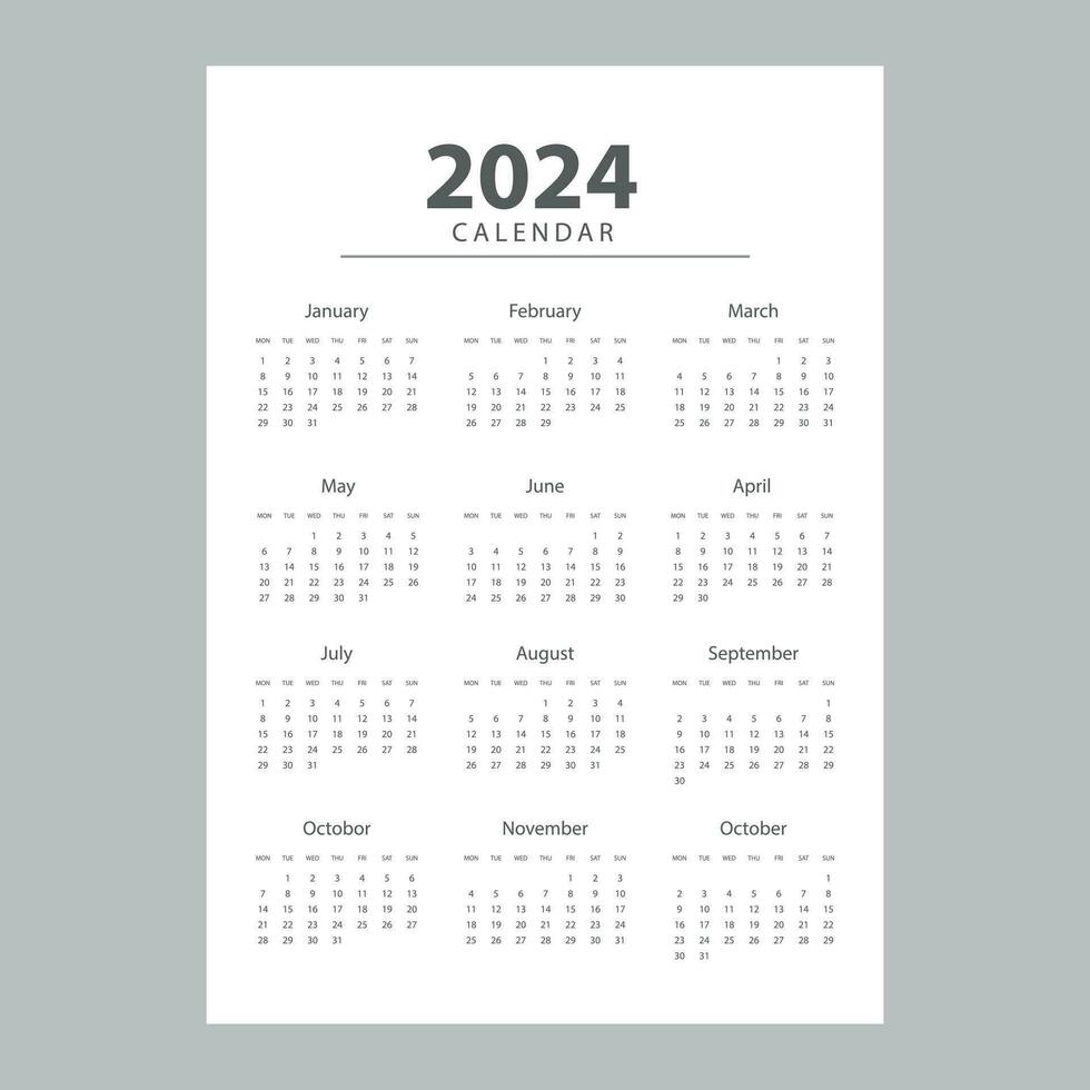 Calendar 2024 design template. 2024 paper calendar layout in printable
