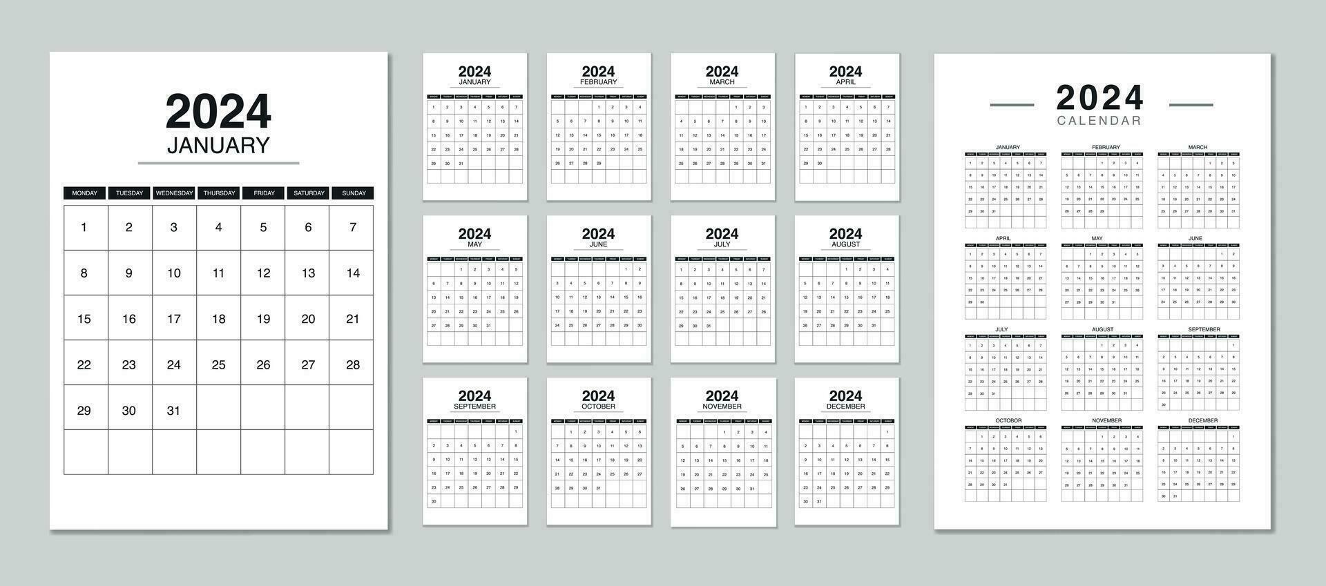 Editable 2024 calendar design template for happy new year. English vector calendar layout. 2024 calendar planner