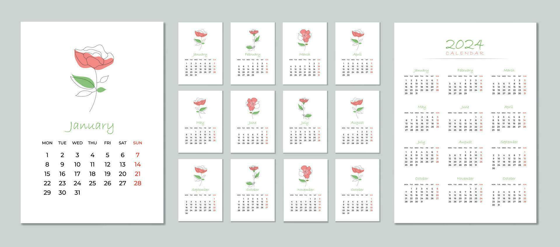 Calendar 2024 week start Monday corporate design template vector. English vector calendar layout