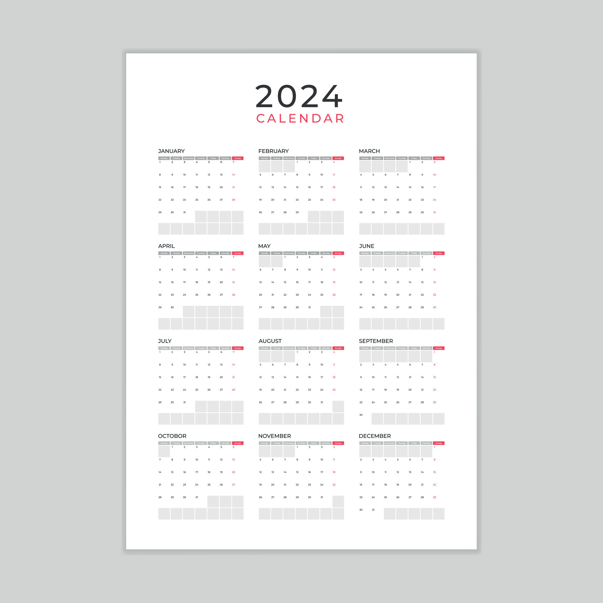 Calendar 2024 design template 2024 paper calendar layout in printable Calendar 2024 design template 2024 paper calendar layout in printable