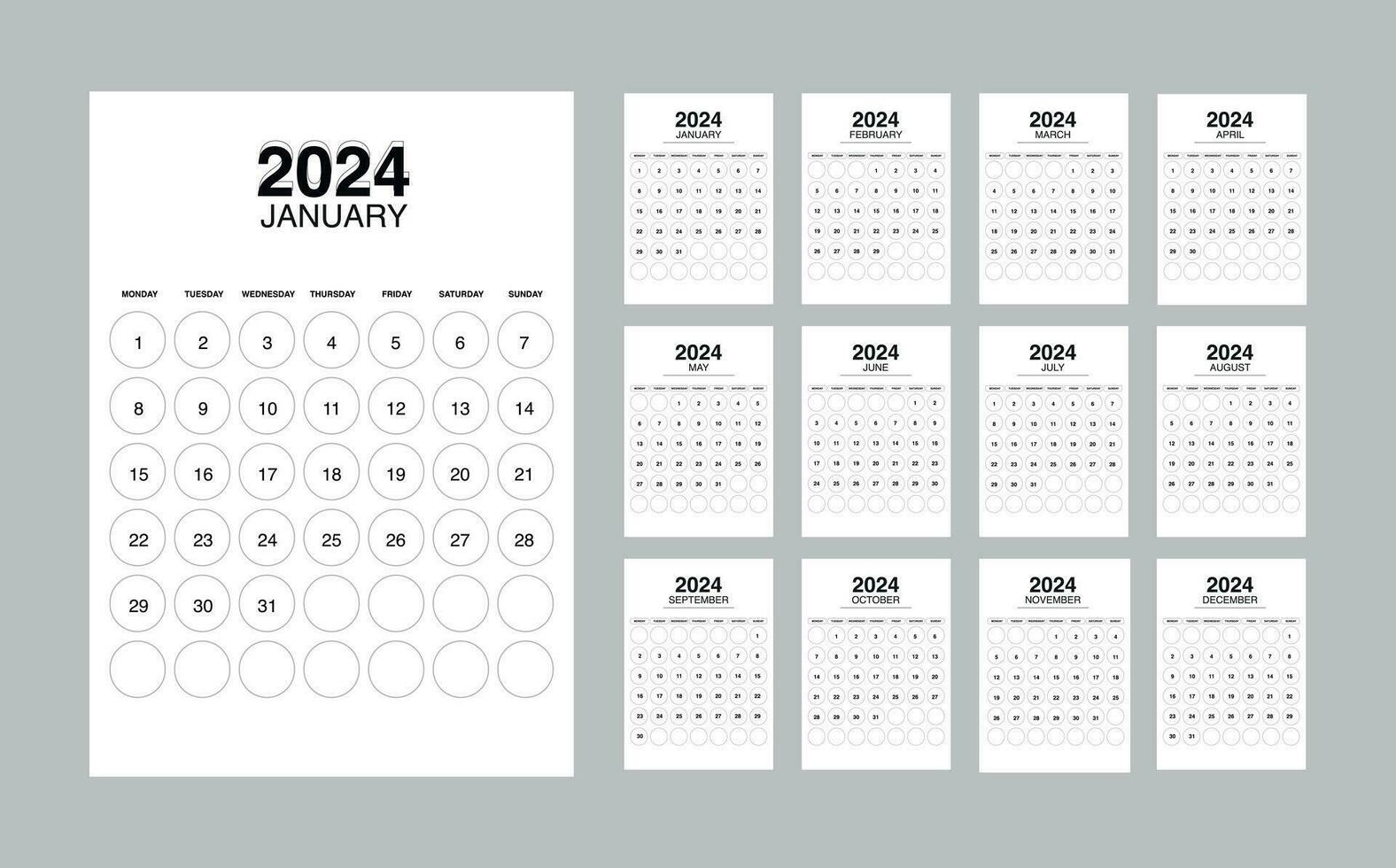 calendario 2024 semana comienzo lunes. editable 2024 calendario diseño modelo para contento nuevo año vector