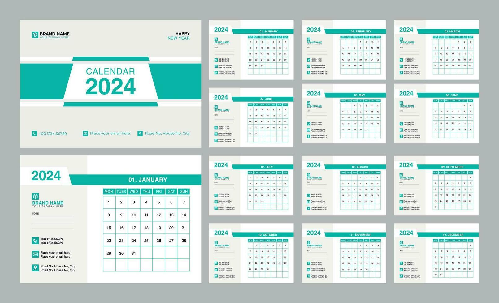 escritorio calendario 2024, corporativo negocio calendario diseño plantilla, año planificador conjunto vector