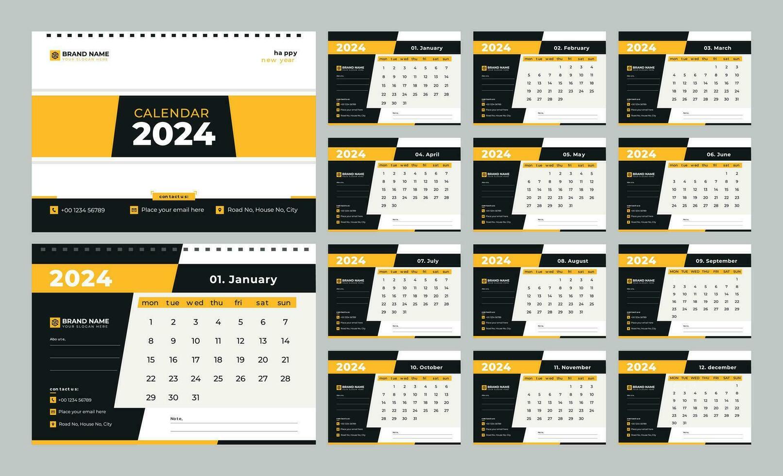 Calendrier 2024 Template Desk Calendrier 2024 Calendrier Design Ensemble De 12  Mois Mur Calendrier Poster Semaine Commence Dimanch Illustration de Vecteur  - Illustration du fond, anglais: 226071632