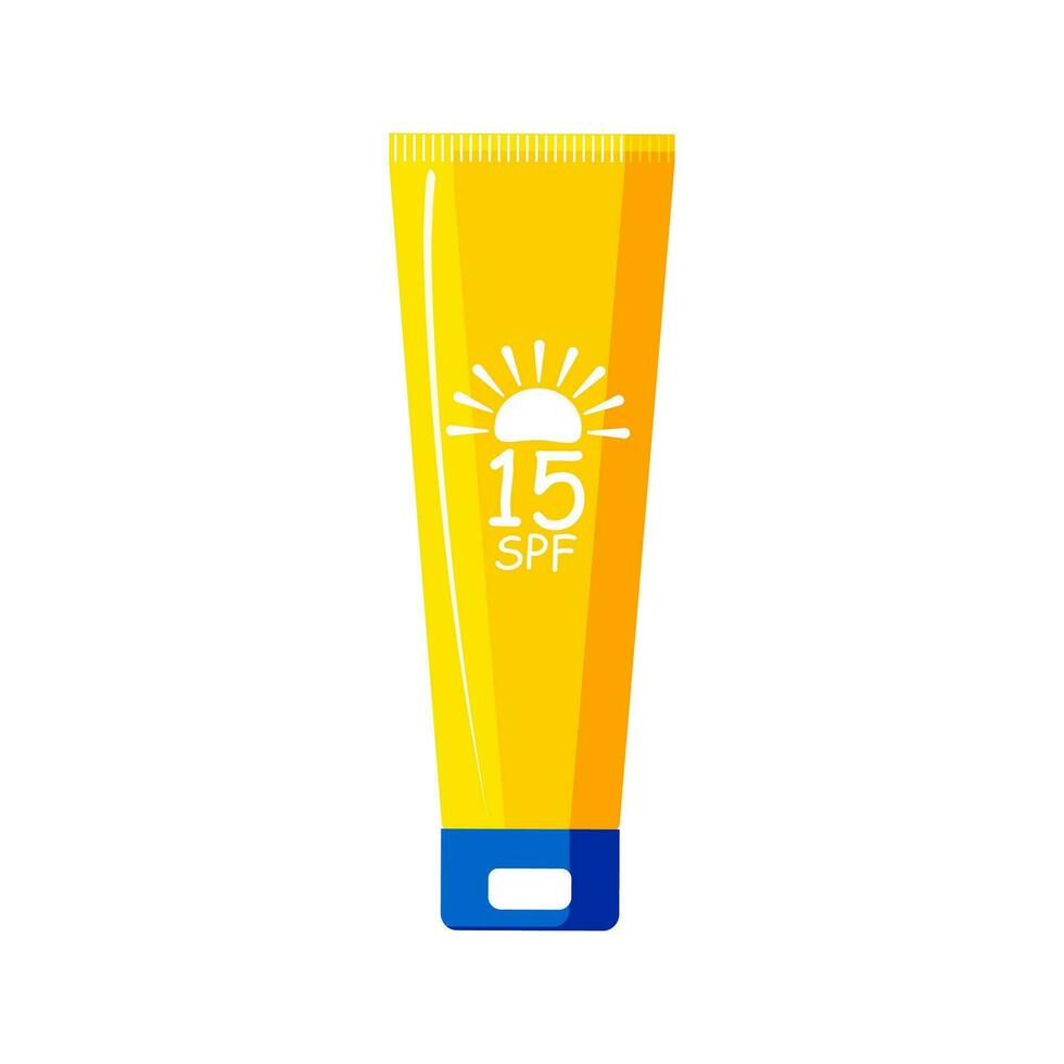 Bottle of sunscreen with 15 SPF with UV protection isolated on white background. Vector. vector