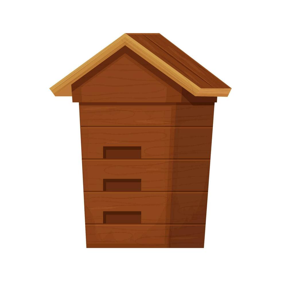 Old wooden beehive in brown colour in cartoon style isolated on white background. Retro, rural beekeeping house. Wood construction, equipment detailed and textured, clipart. . Vector illustration