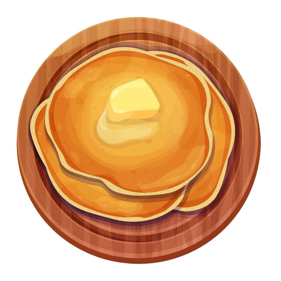 Pancakes stack with butter top view in wooden plate in cartoon style isolated on white background. Circle dessert, breakfast. . Vector illustration