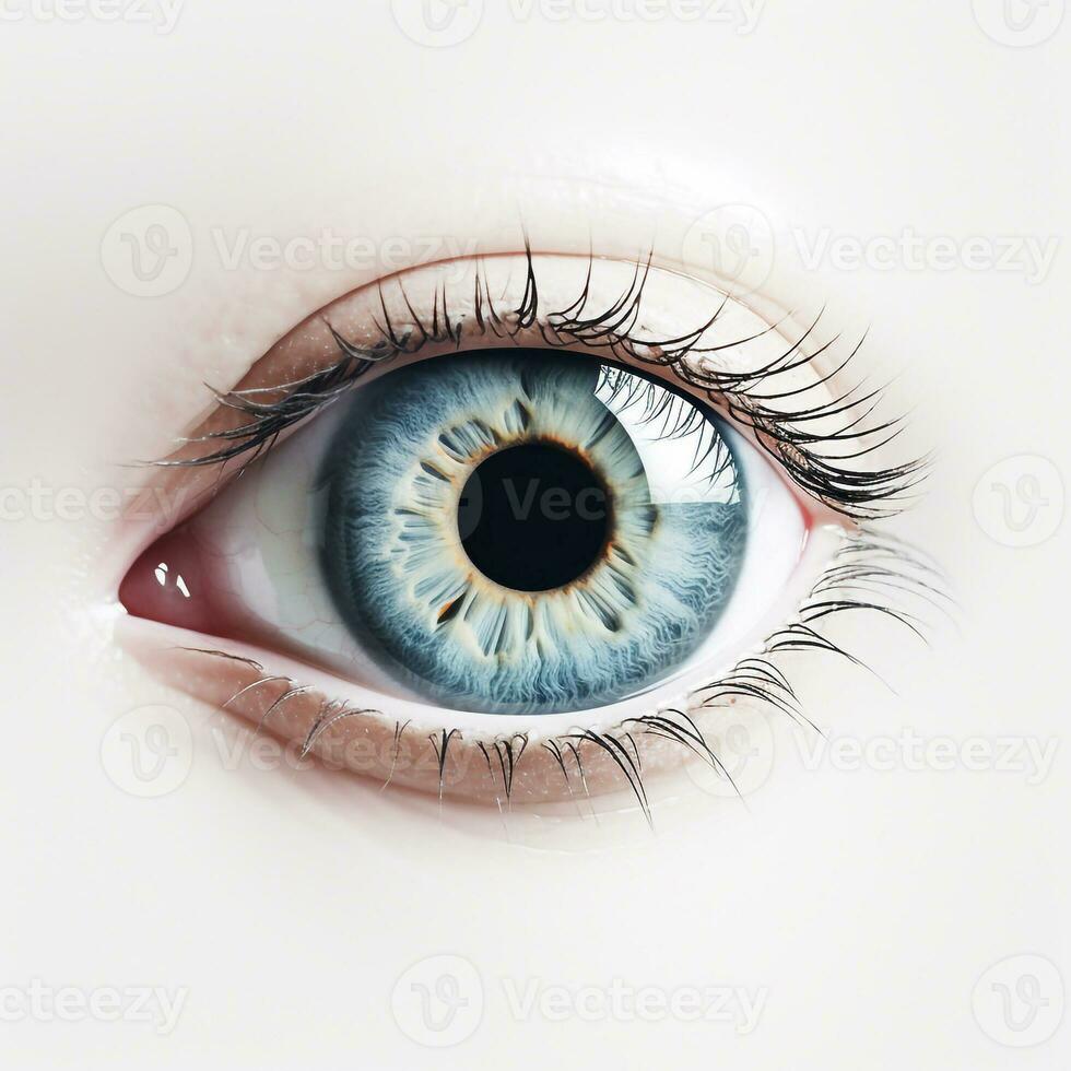 Beautiful round eye with eyelashes and pupil looking ahead is shown close up, Ai generated photo
