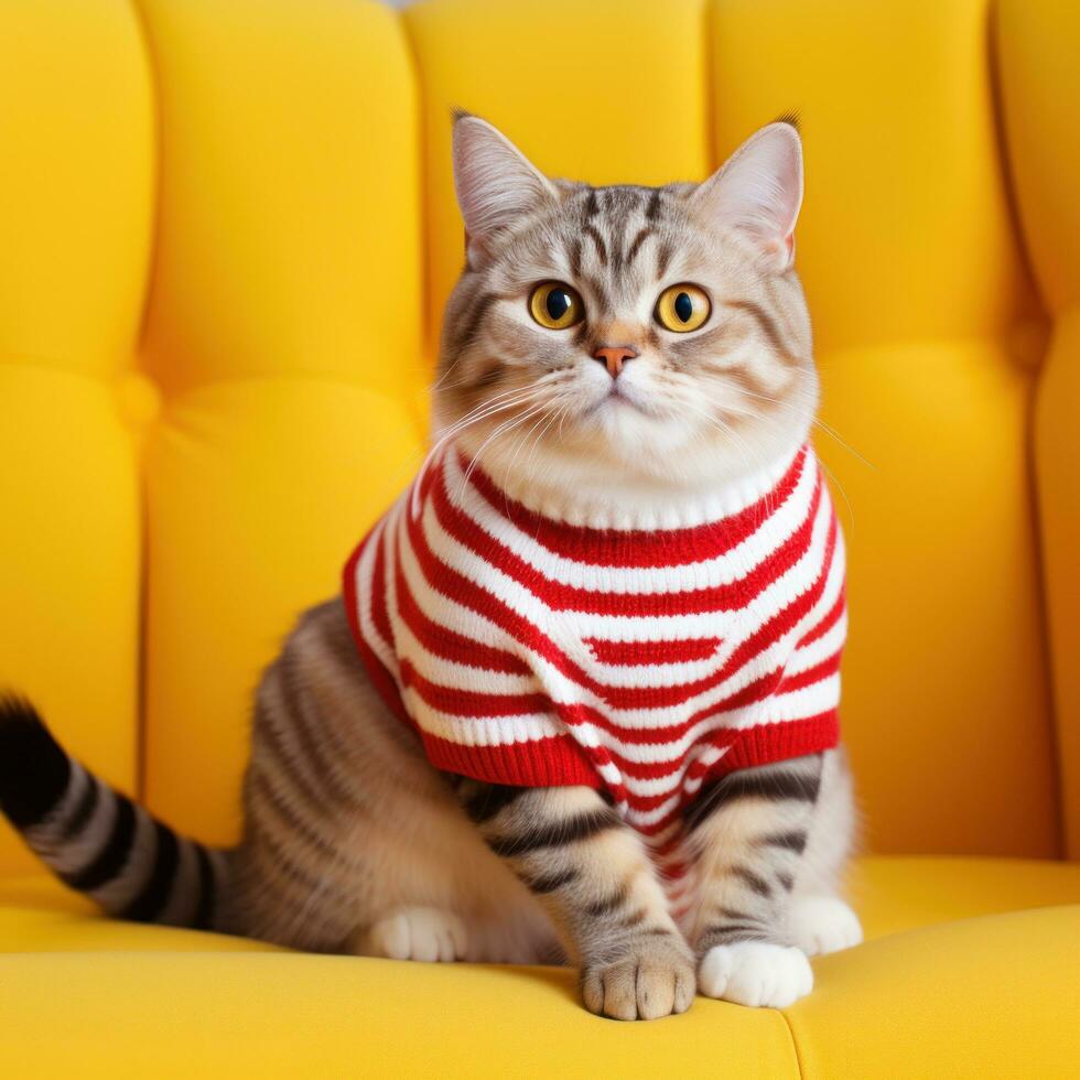 red striped cat sits in a white sweater on a yellow sofa. photo