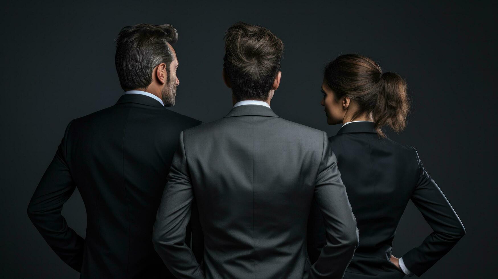 three business people with their backs turned against on grey background. photo