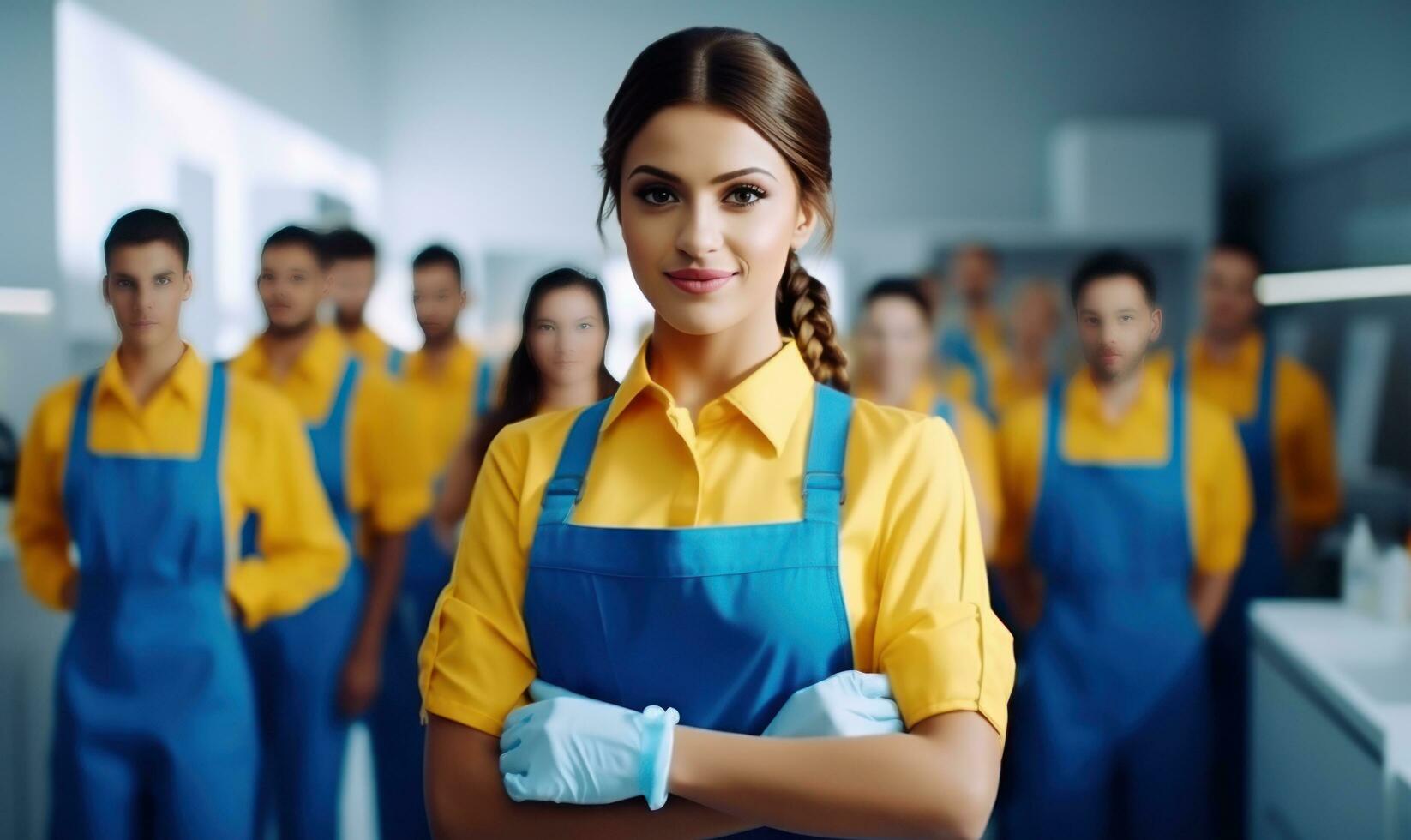 working office staff with a cleaning in blue uniforms. photo