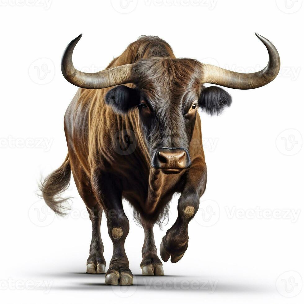 Beautiful wild beast bull looking forward is shown in full length, Ai generated photo