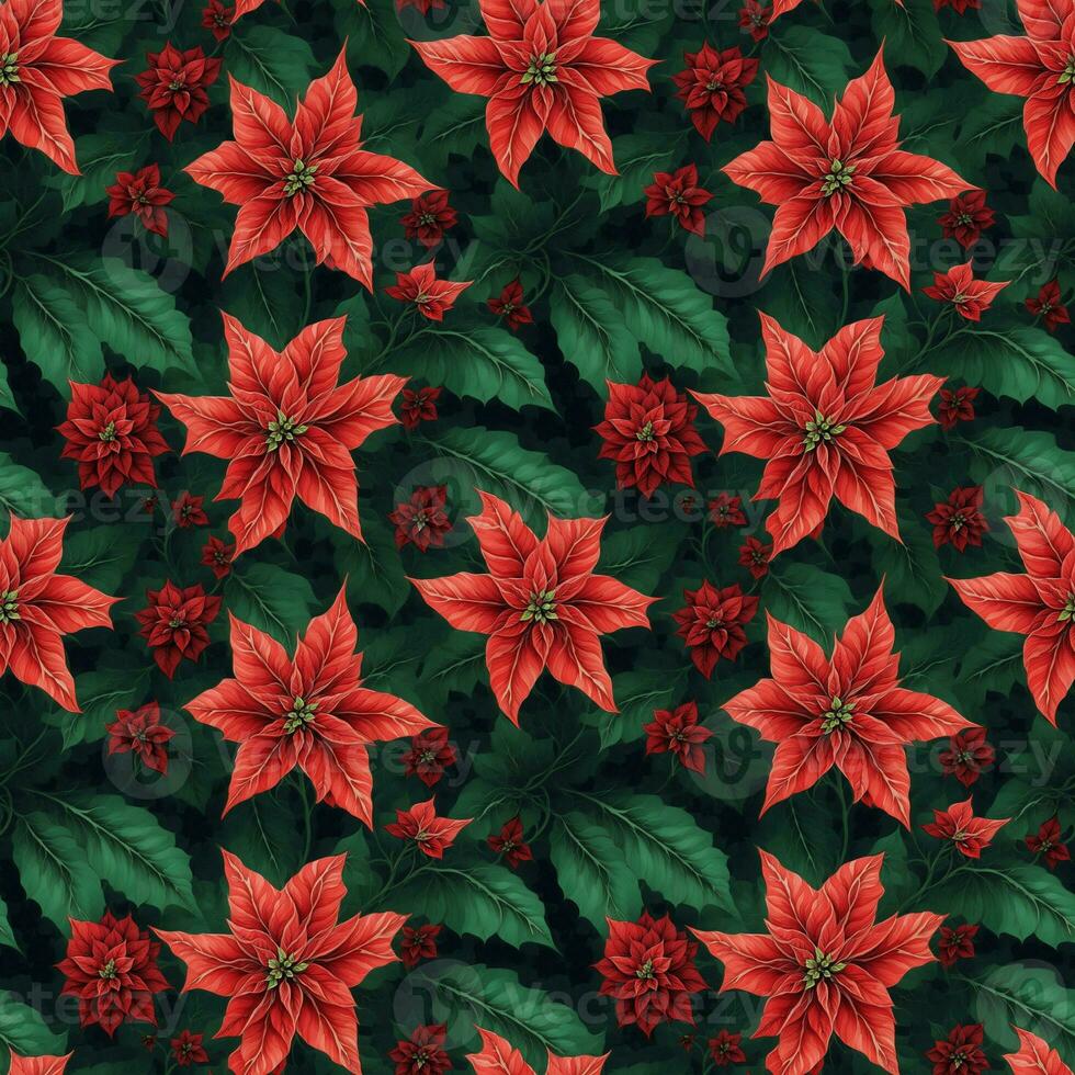 Poinsettia seamless pattern.Botanical Christmas illustration.Background for New Year holidays.For wrapping paper, prints and publications. photo