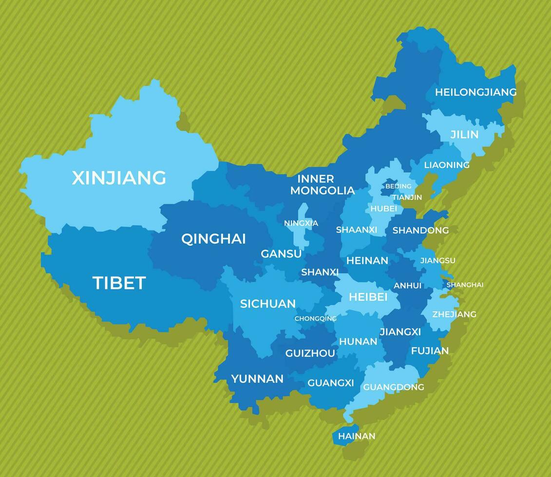 China map with names of the regions blue political map green background vector illustration