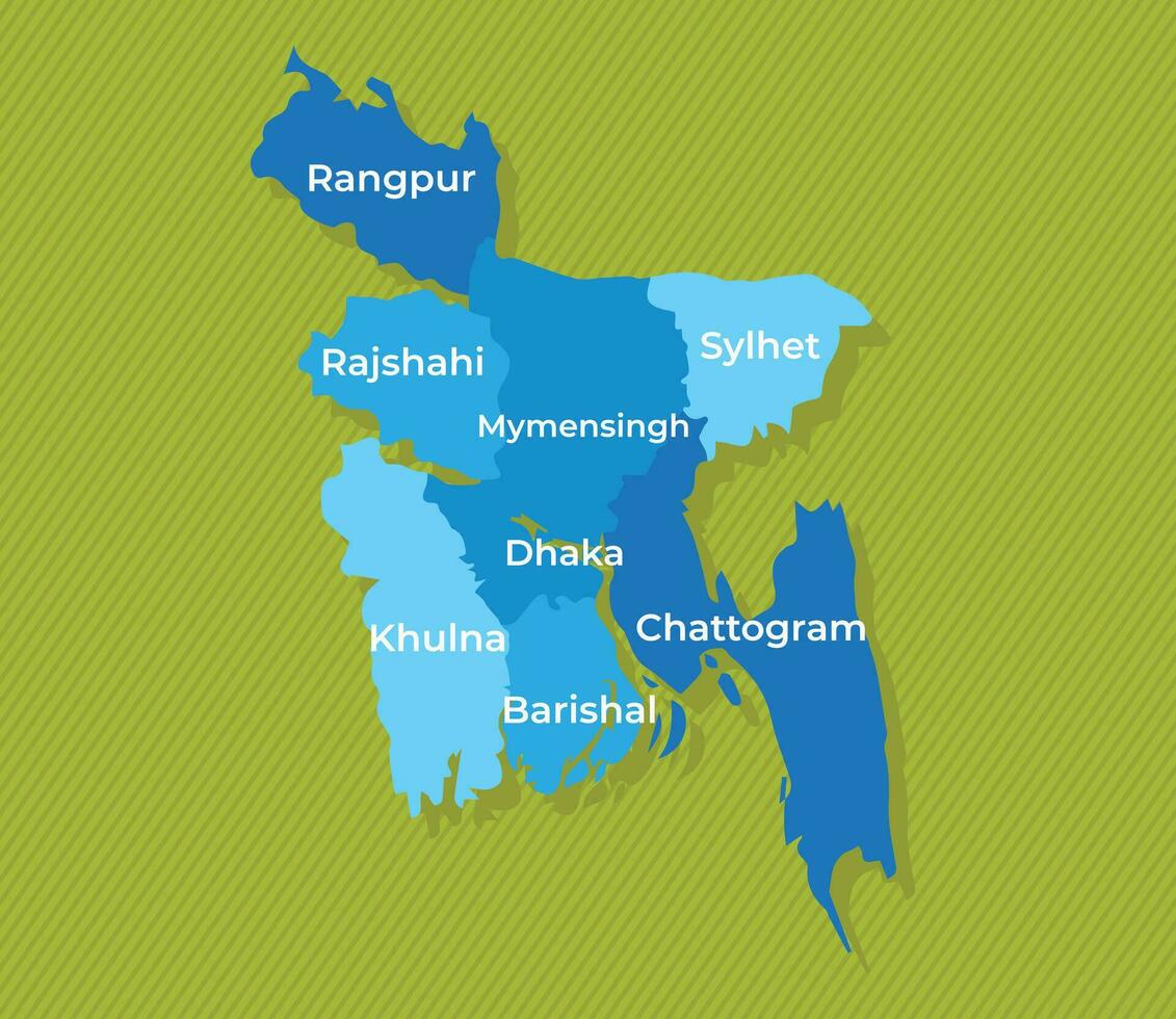 Bangladesh map with names of the regions blue political map green background vector illustration