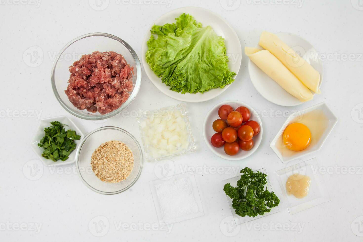 Ingredients for burger. Step by step preparation of mini burgers. Homemade mini burgers for children or appetizers. Small hamburgers. photo