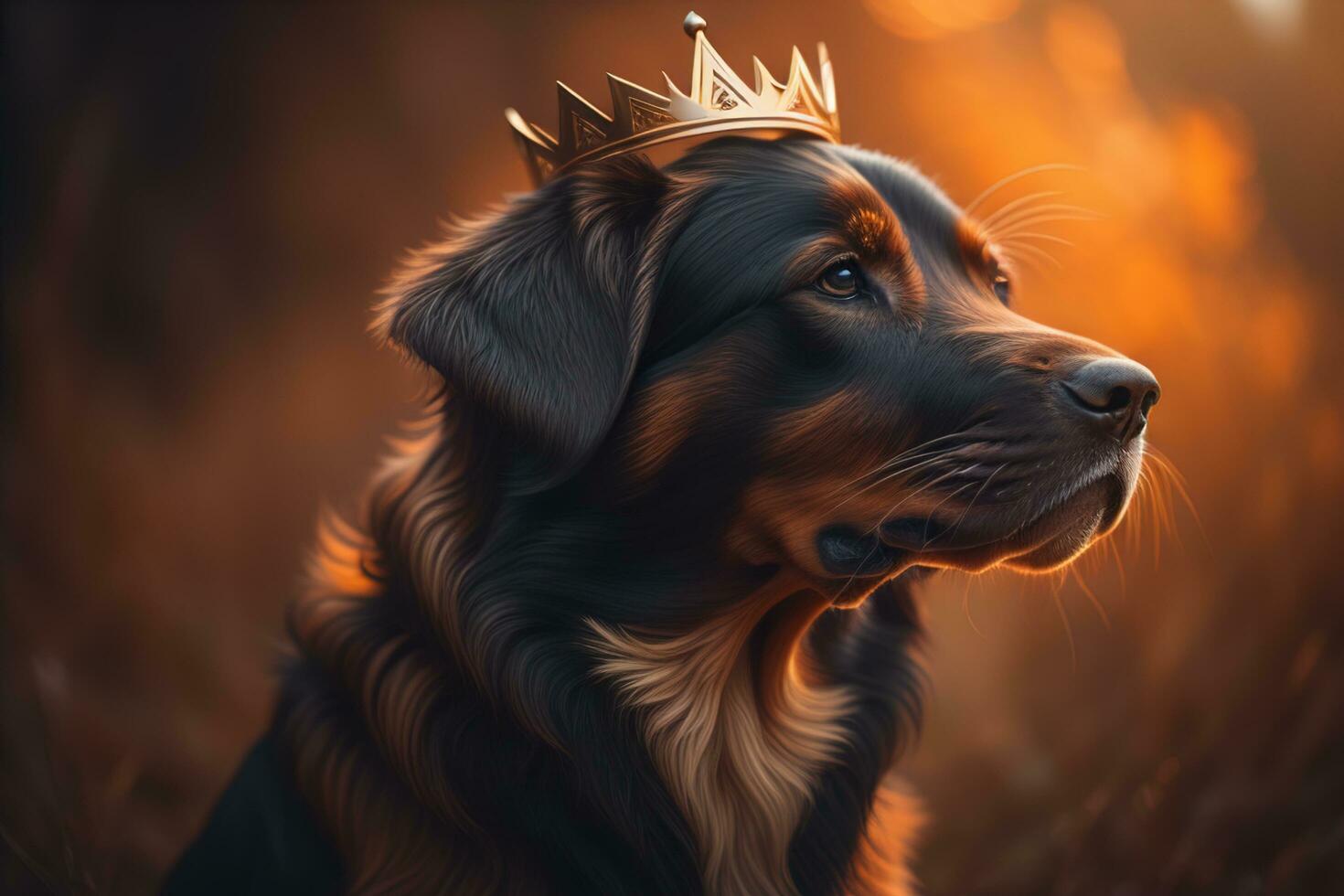 Portrait of a cute dog in a golden crown on a solid color background. ai generative photo