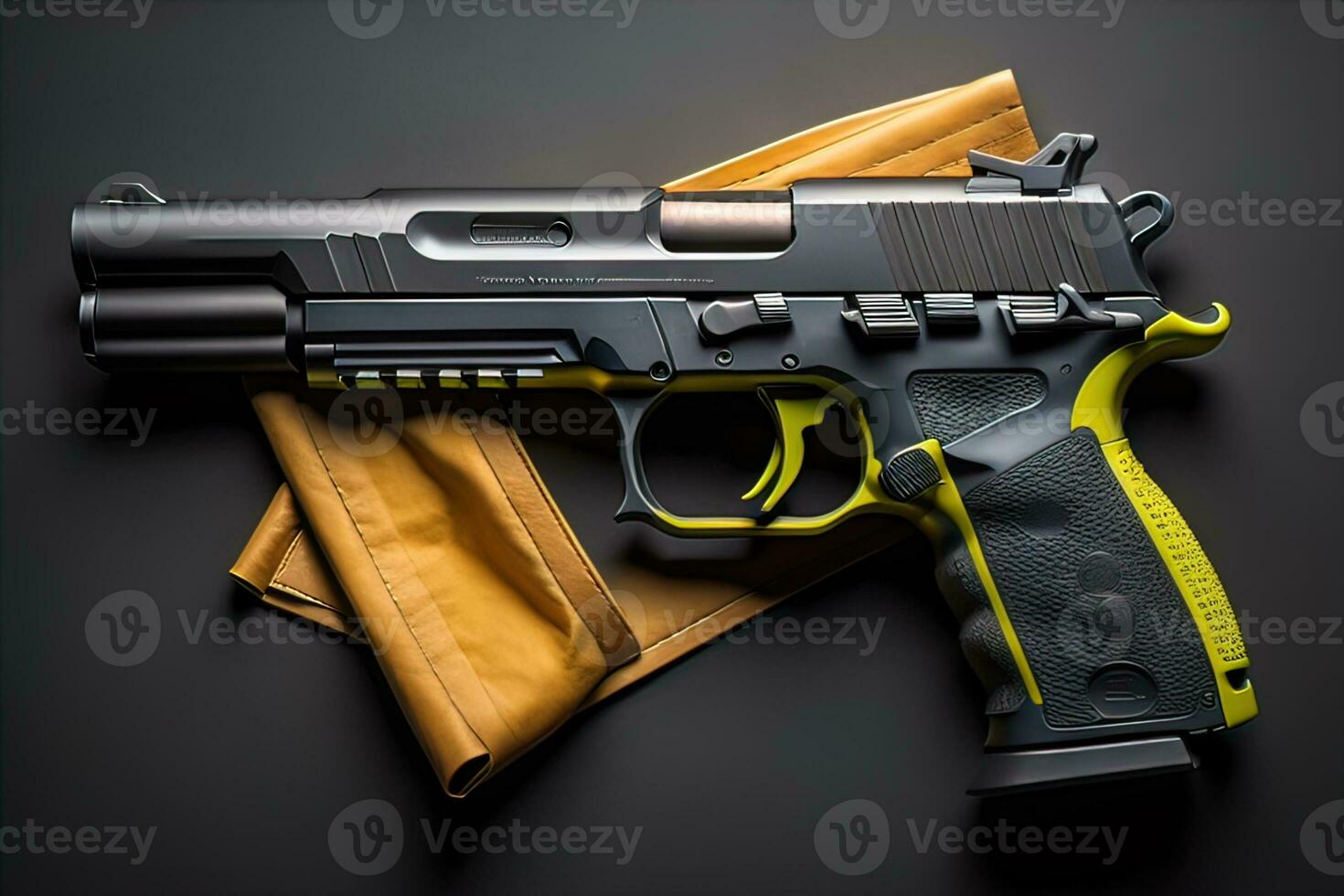 Semi-automatic handgun on a solid color background. Close-up. ai generative photo