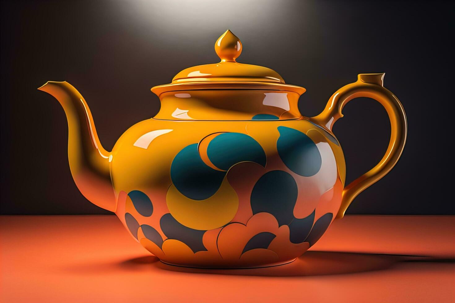 A ceramic teapot on a colid color background. ai generative photo