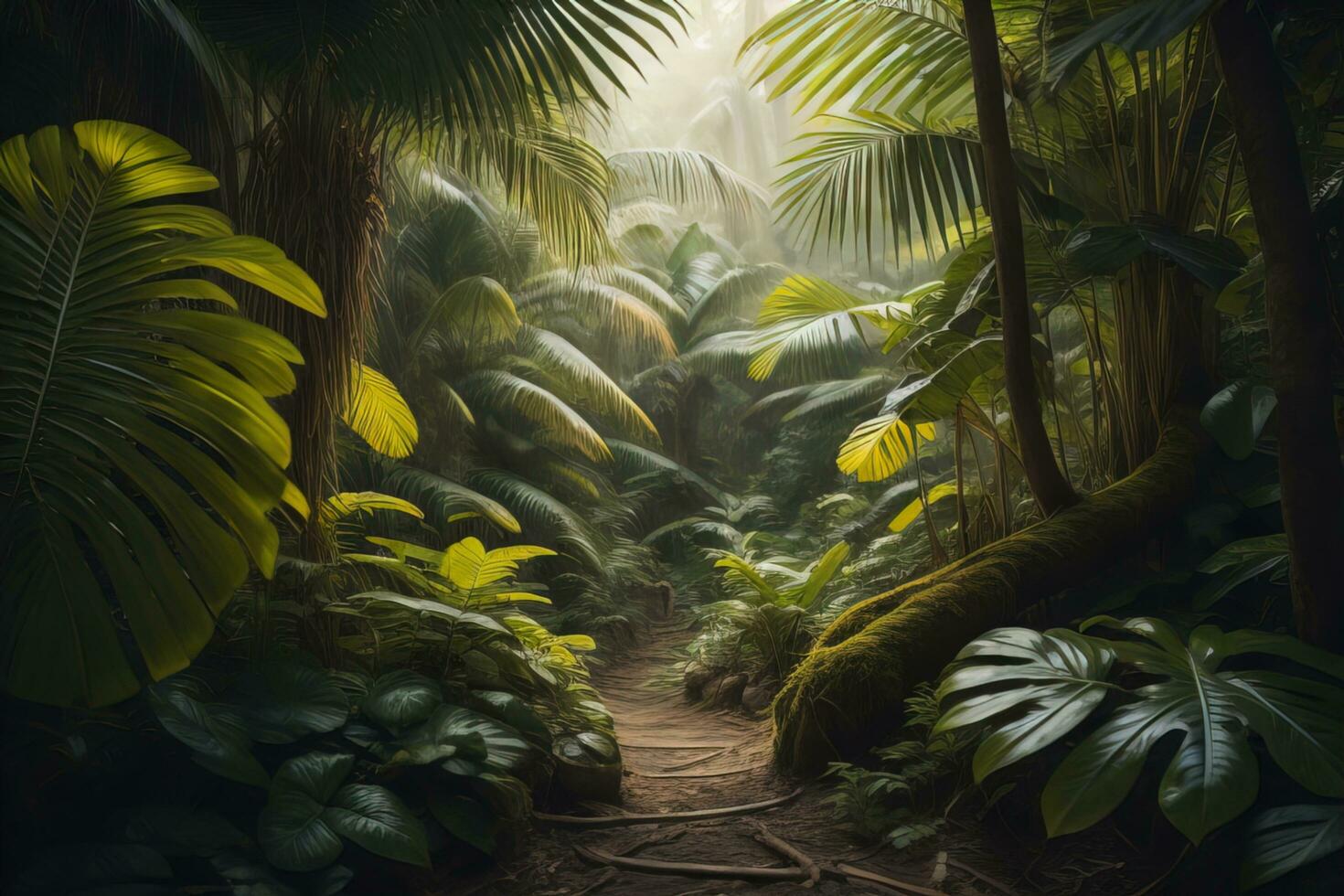 A pathway in tropical rainforest with palm trees and path in the mist. ai generative photo