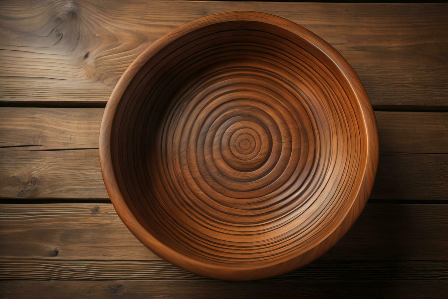Empty wooden bowl on wooden background. Top view. Copy space. ai generative photo