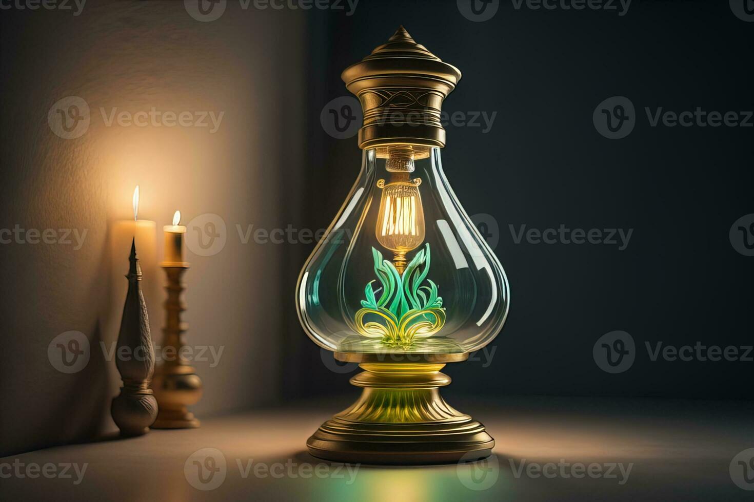 Lantern on a wooden table and a dark background. ai generative photo