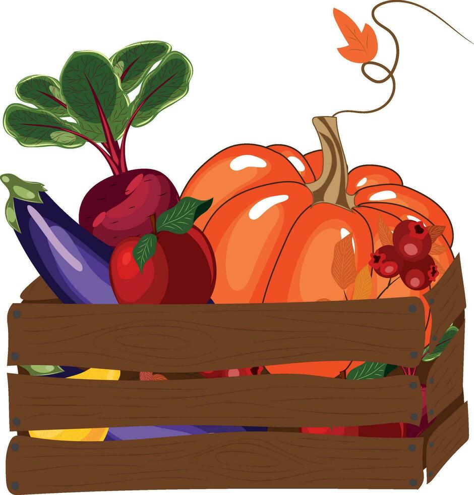 cosecha. de madera caja con vegetales y frutas alto calidad vector ilustración.