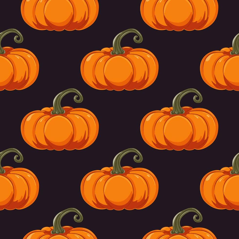 sin costura modelo con calabazas cuadrado vistoso antecedentes con naranja calabaza en oscuro antecedentes. decoración para Víspera de Todos los Santos, acción de gracias, otoño festival cosecha. vector ilustración.