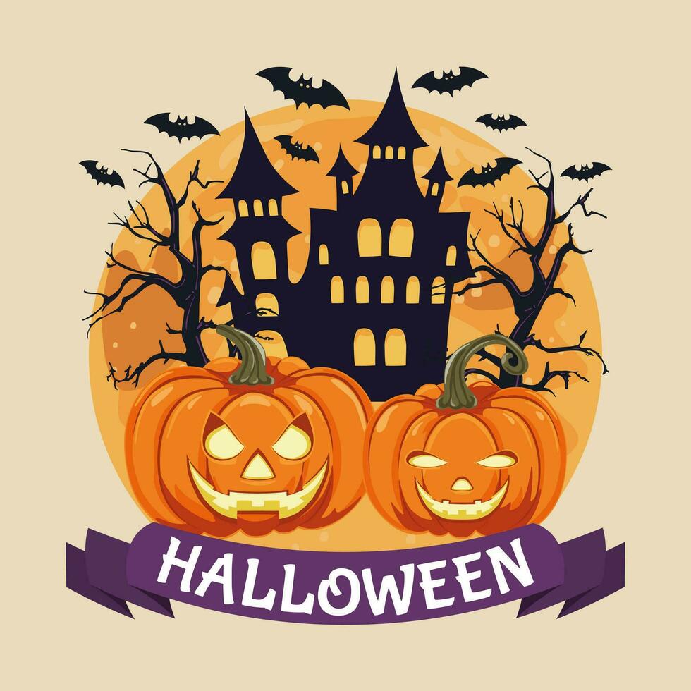 Two orange Halloween lantern pumpkins on the background of a haunted house at night, a flying bat, a big moon, magical trees. Vector illustration.