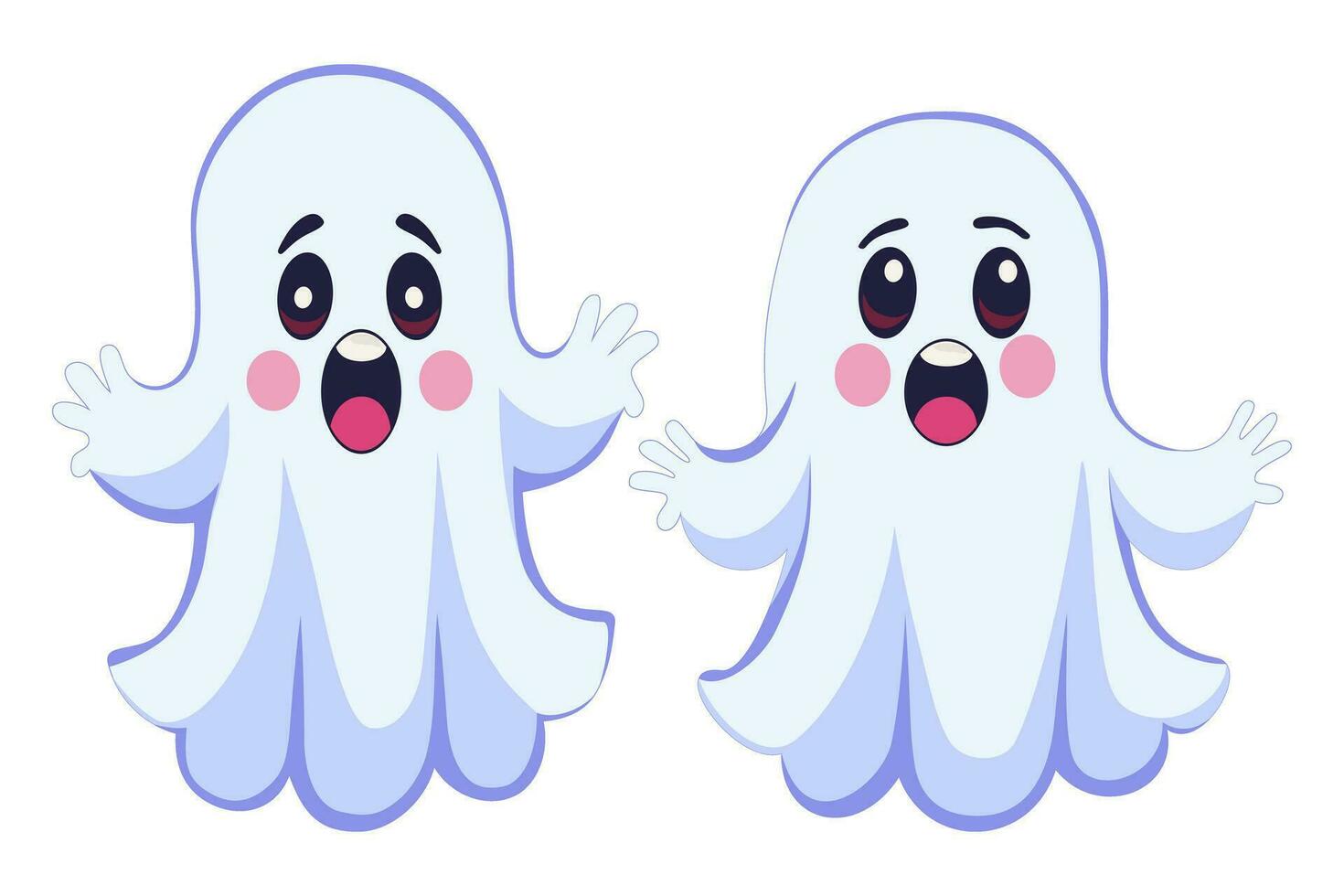 Two cute spooky Halloween ghosts. Funny comic phantom characters. Cartoon baby spirits that want to scare. Vector illustration.