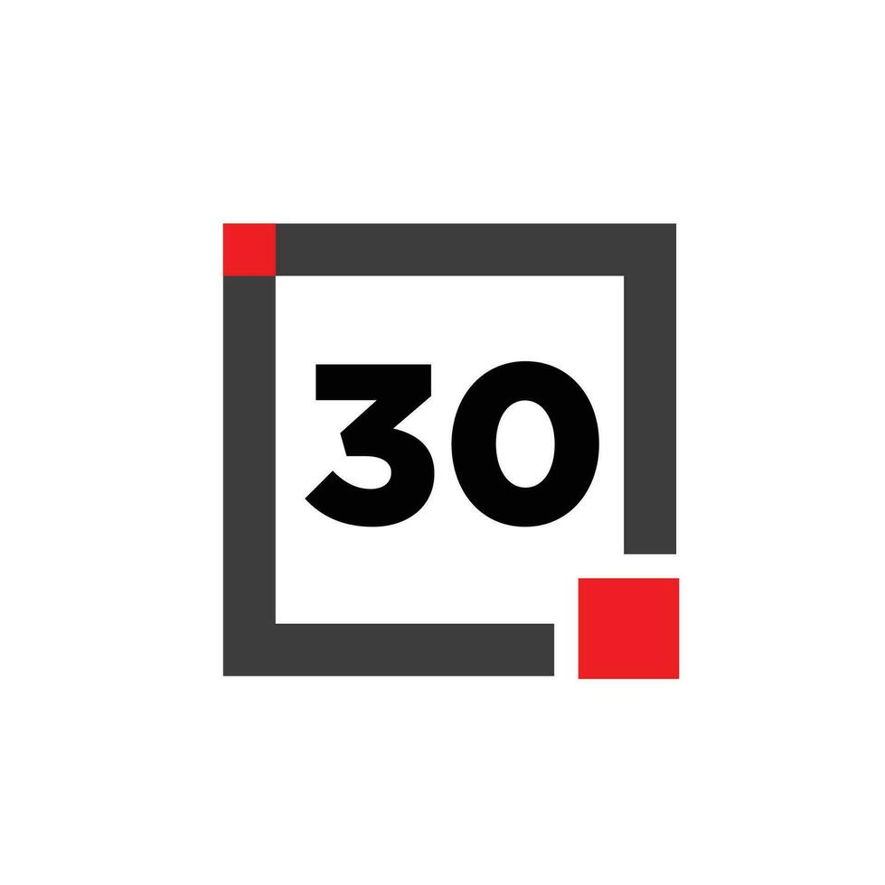 30 number with a gray square icon. 30 number monogram. vector