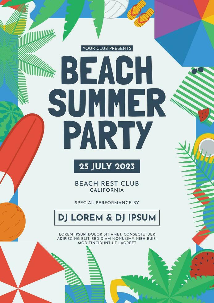 Beach Summer Party Flat Design Flyer Template A4 vector