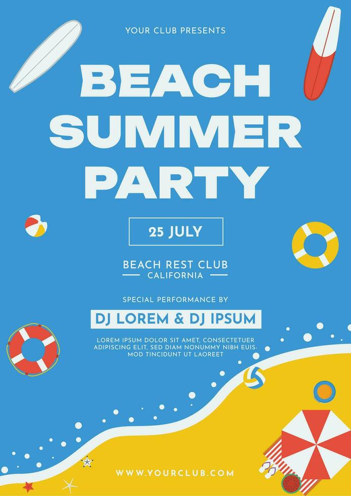Beach Summer Party Flat Design Flyer Template A4 vector