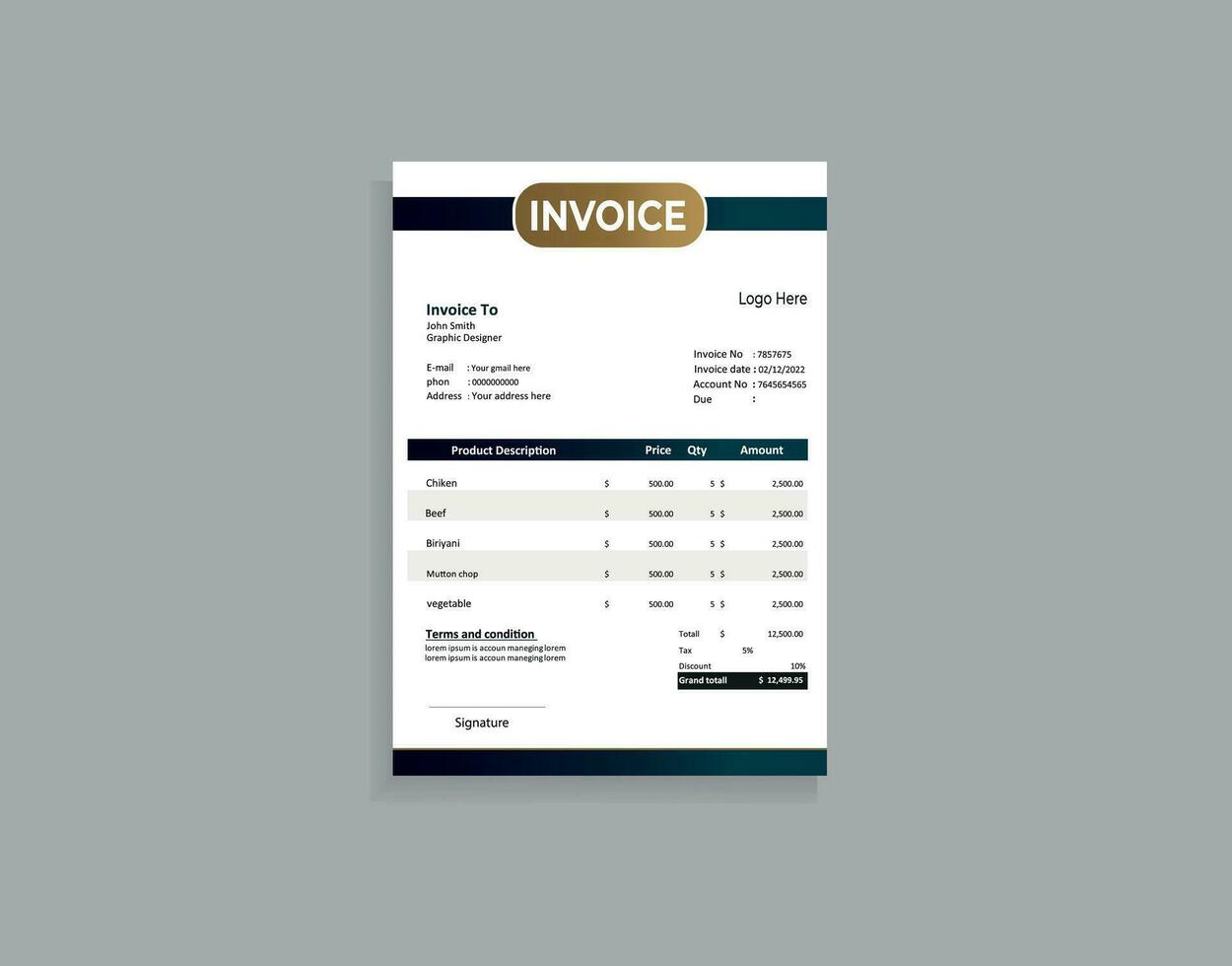 Business invoice form template. vector