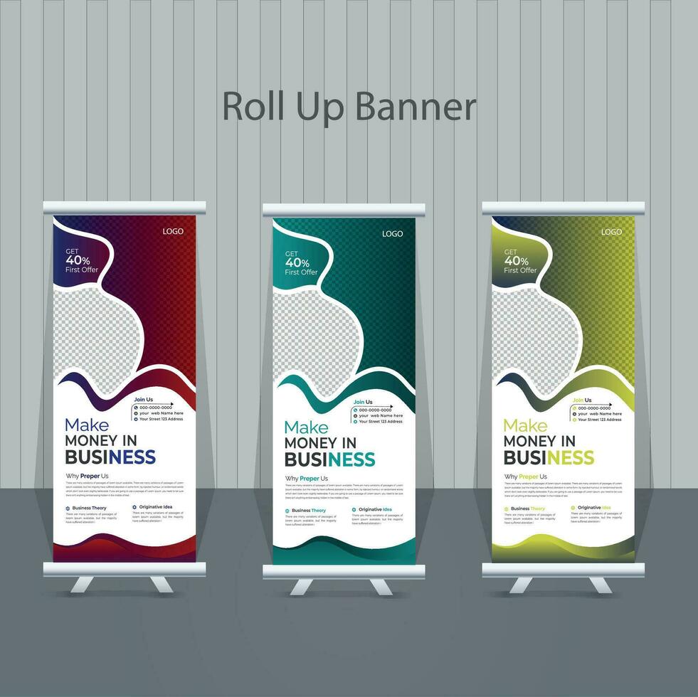 Business Roll Up Banner stand vector creative design. Sale banner stand or flag design layout. Modern Exhibition Advertising