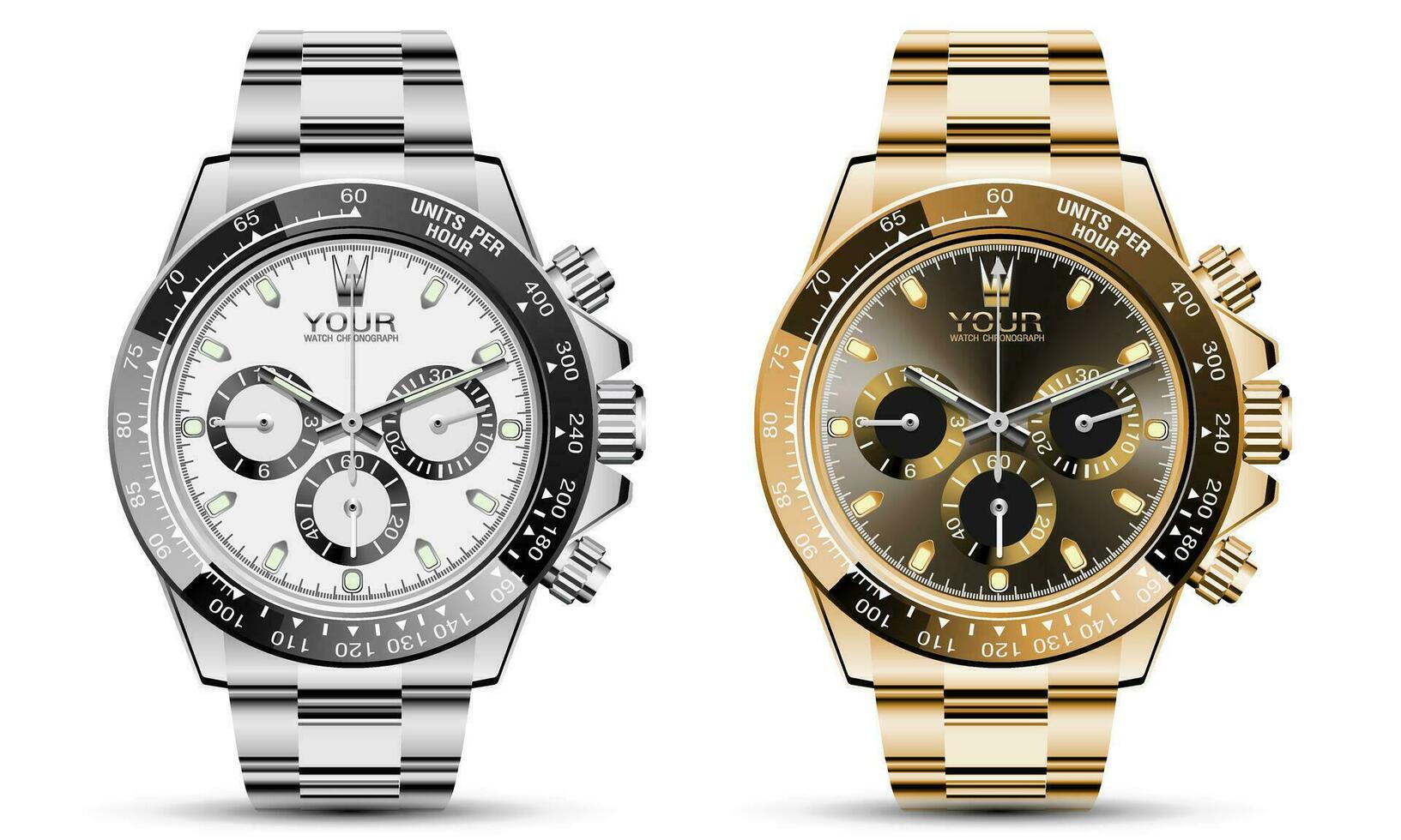 Realistic luxury clock watch chronograph silver gold collection on white background vector