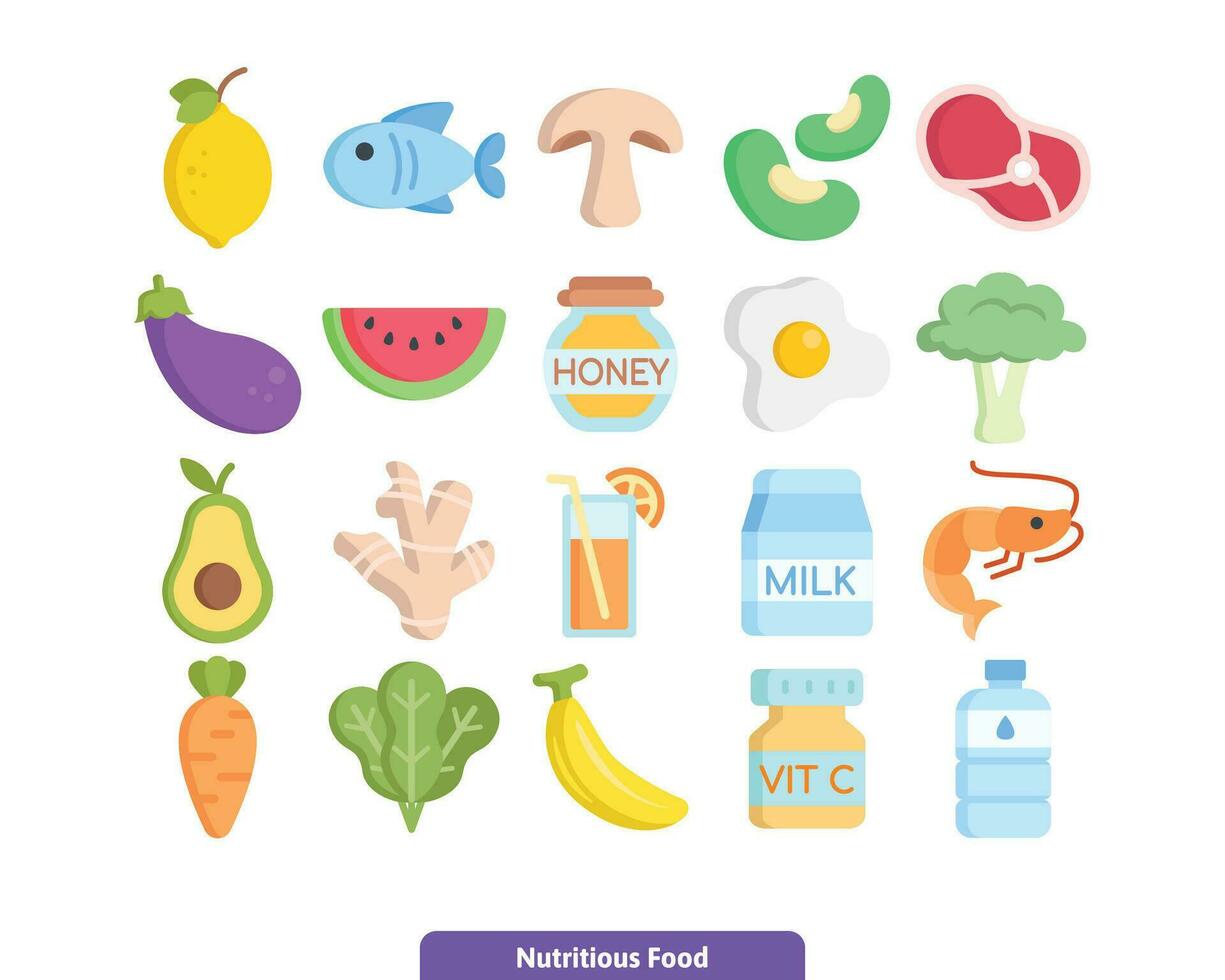 Nutritious Food Icon Set. Healthy and Nutrition Food Collection in Filled Outline and Full Color. for web or design. Vector EPS
