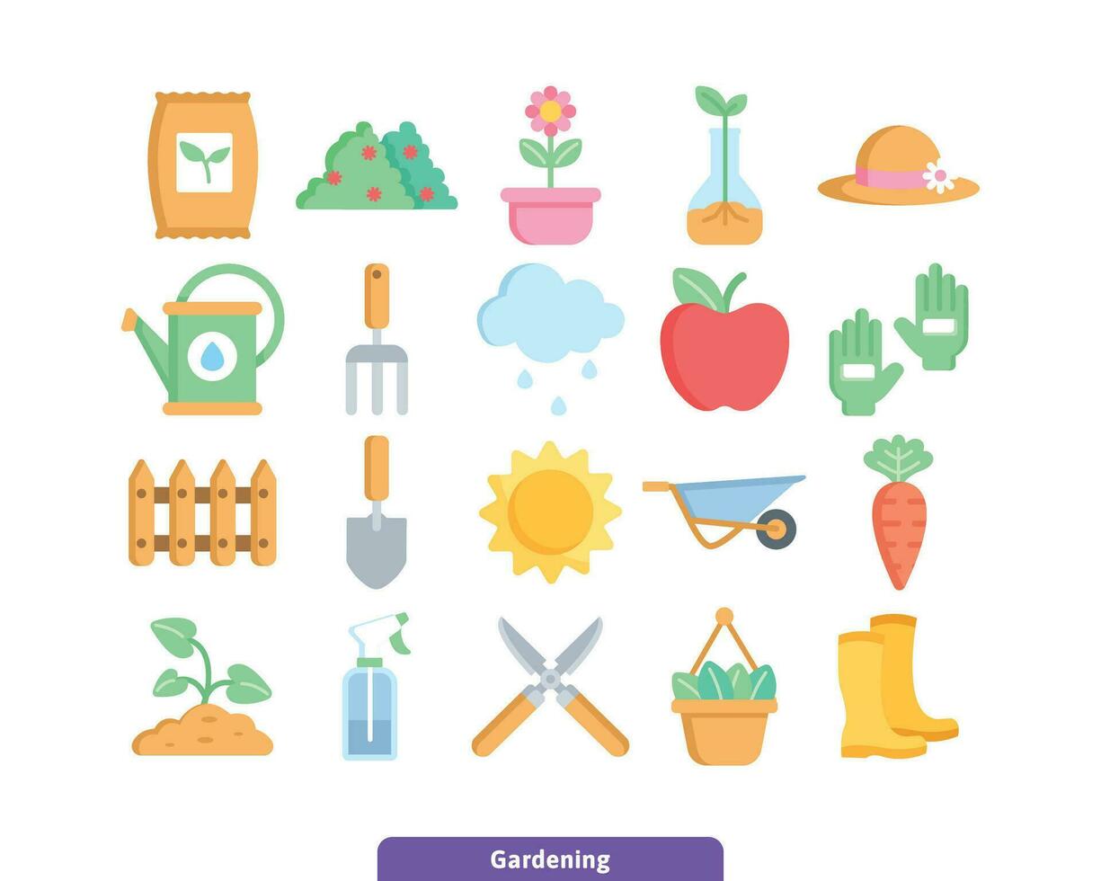 Flat Color Gardening and Flower Icon Set. Minimal Agriculture Elements Collection for Project or Web Design. Vector EPS