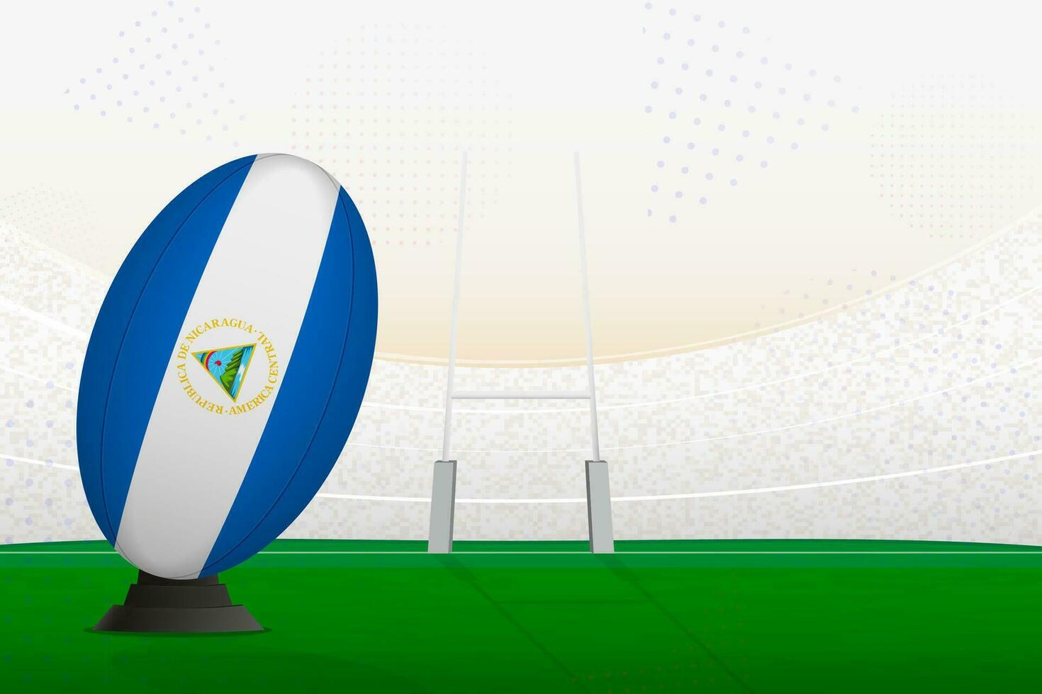 Nicaragua national team rugby ball on rugby stadium and goal posts, preparing for a penalty or free kick. vector