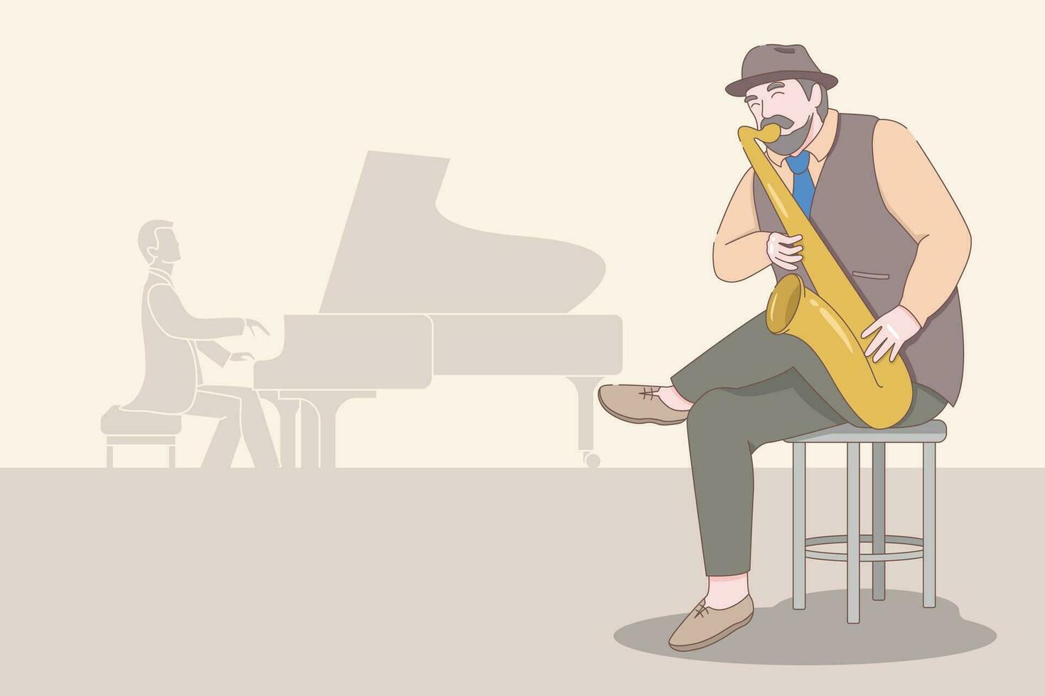 senior man grandpa plays the saxophone, cartoon vector illustration.