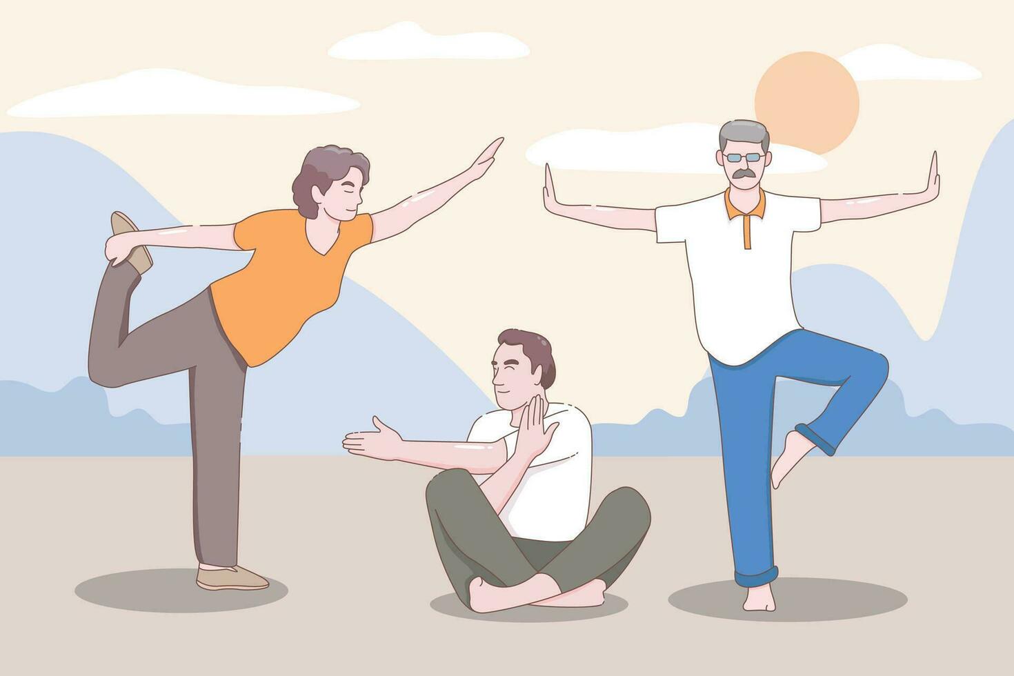 mayor Pareja practicando yoga, abuelos haciendo ejercicios, deporte, Mañana ejercicios, dibujos animados vector ilustración.