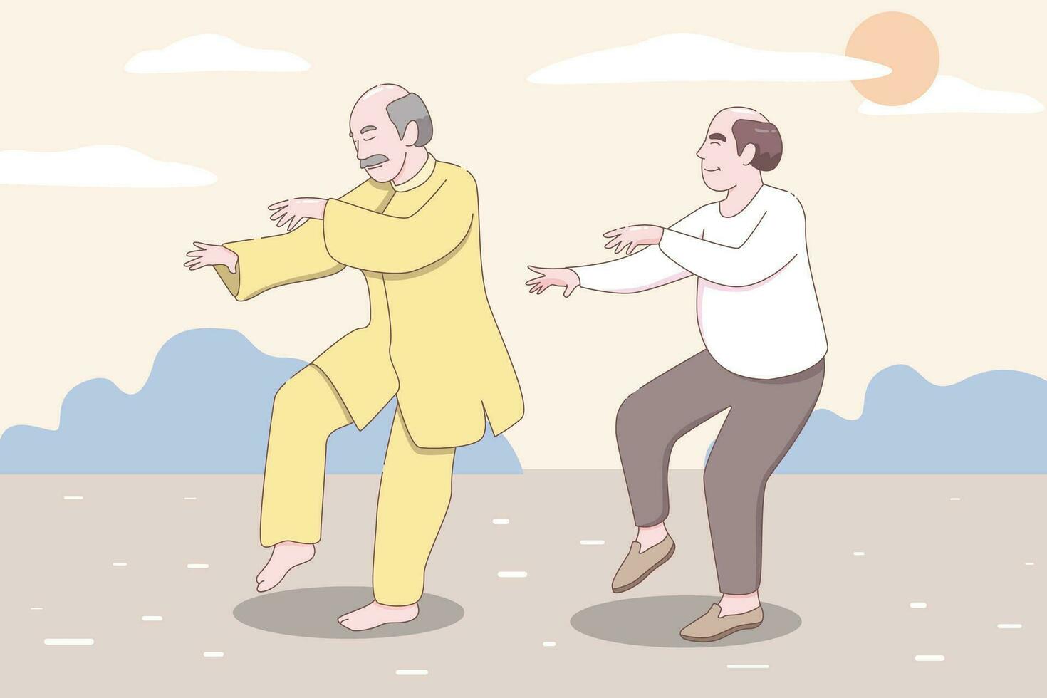 mayor Pareja practicando yoga, abuelos haciendo ejercicios, deporte, Mañana ejercicios, dibujos animados vector ilustración.